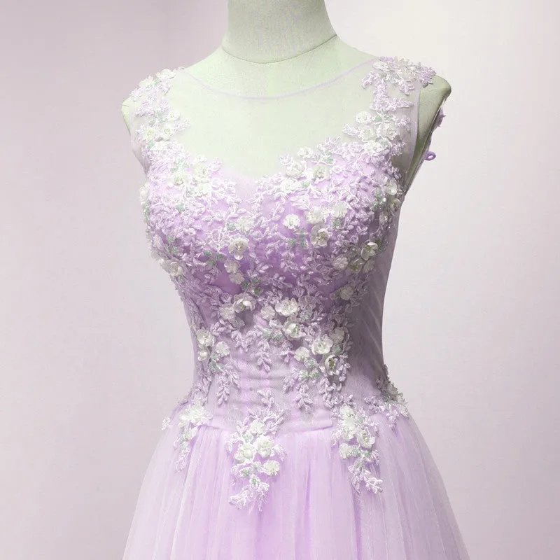 Lovely Tulle Round Neckline with Flowers, Long Wedding Party Dreses