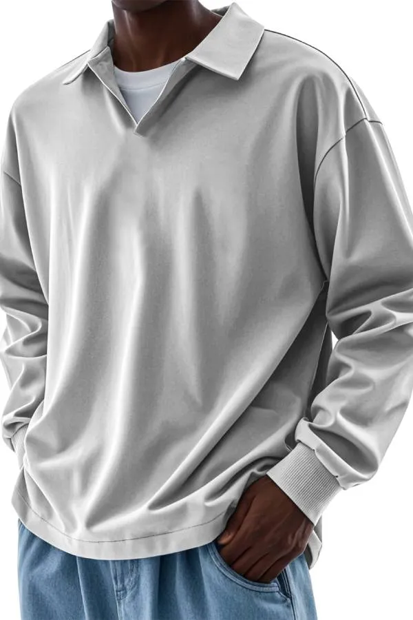 Men's Casual V-neck Solid Color Comfortable Long-sleeved POLO Shirt