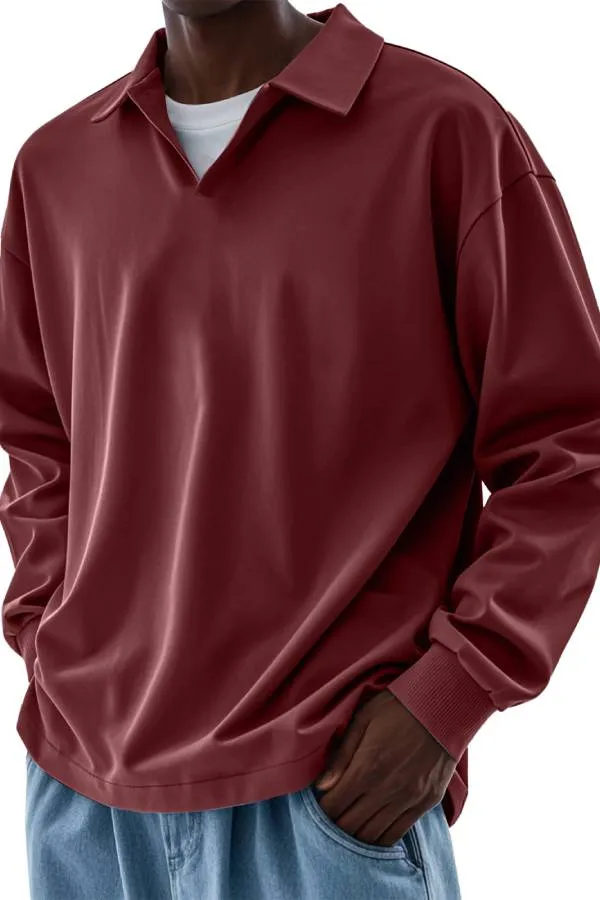Men's Casual V-neck Solid Color Comfortable Long-sleeved POLO Shirt