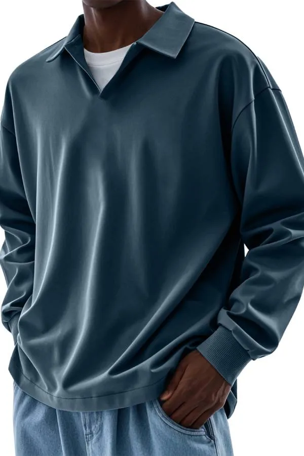 Men's Casual V-neck Solid Color Comfortable Long-sleeved POLO Shirt