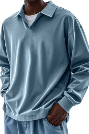 Men's Casual V-neck Solid Color Comfortable Long-sleeved POLO Shirt