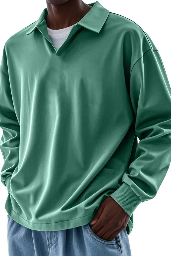 Men's Casual V-neck Solid Color Comfortable Long-sleeved POLO Shirt