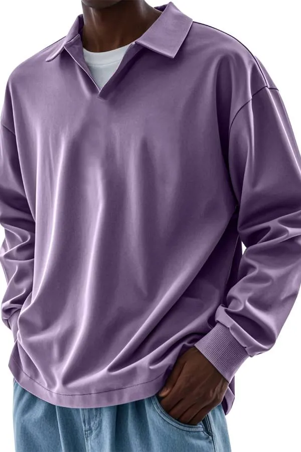 Men's Casual V-neck Solid Color Comfortable Long-sleeved POLO Shirt