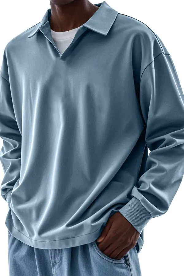 Men's Casual V-neck Solid Color Comfortable Long-sleeved POLO Shirt
