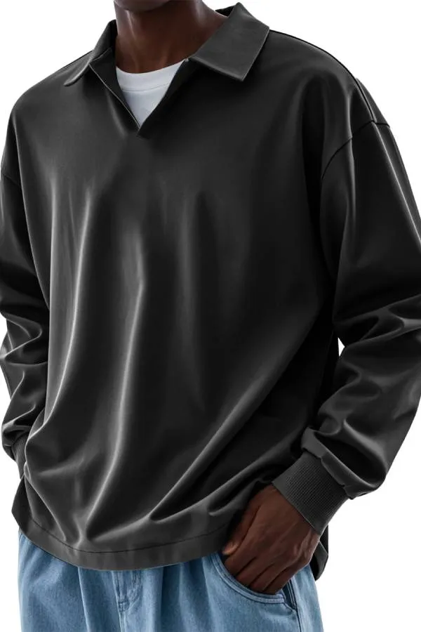 Men's Casual V-neck Solid Color Comfortable Long-sleeved POLO Shirt