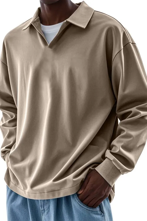 Men's Casual V-neck Solid Color Comfortable Long-sleeved POLO Shirt