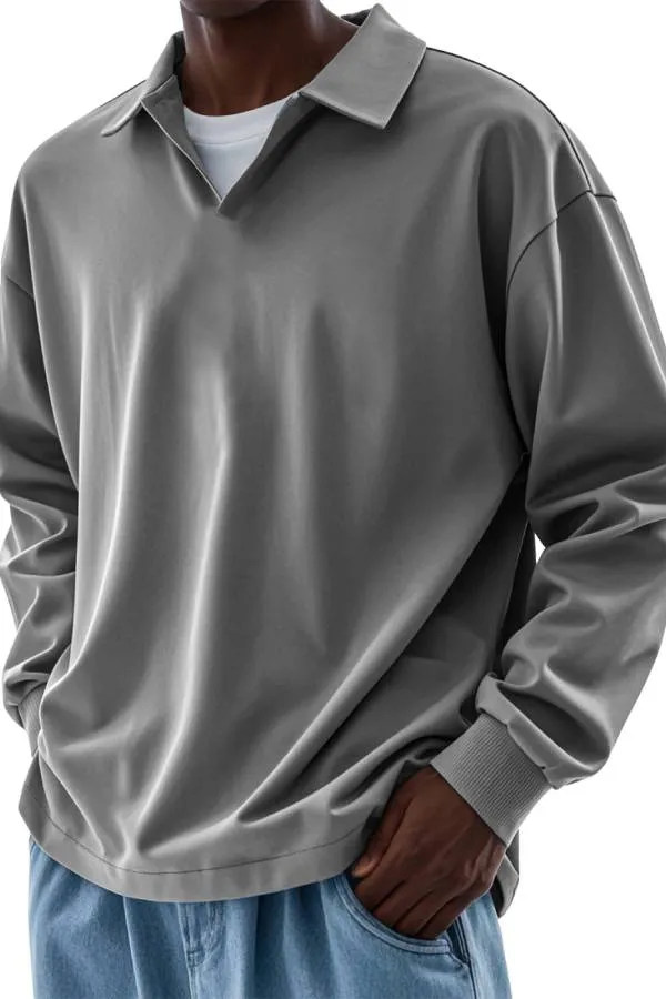 Men's Casual V-neck Solid Color Comfortable Long-sleeved POLO Shirt
