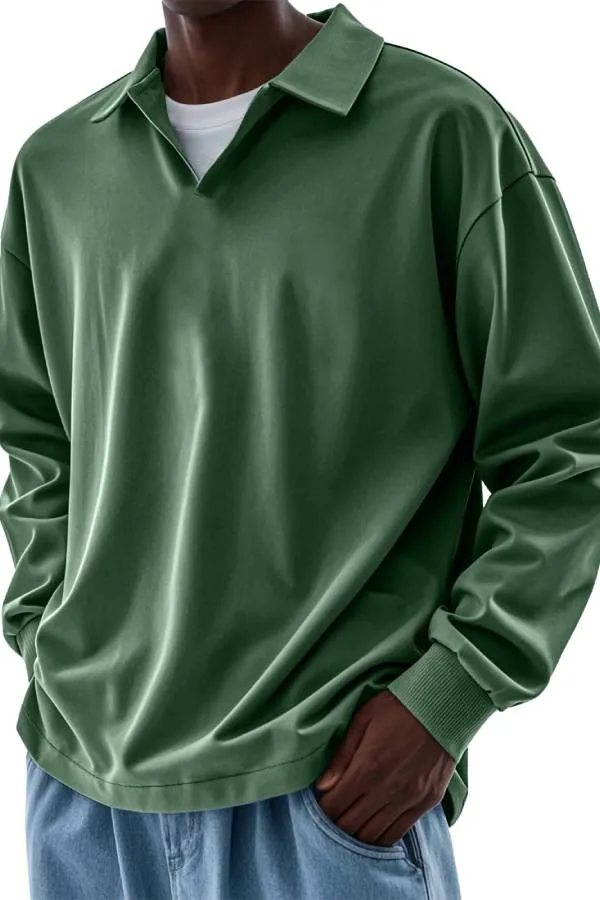 Men's Casual V-neck Solid Color Comfortable Long-sleeved POLO Shirt