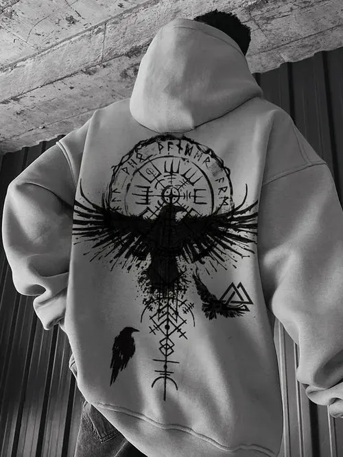 Men's Stylish Viking Crow Print Hoodie