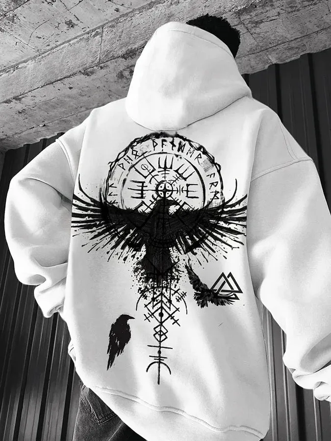 Men's Stylish Viking Crow Print Hoodie