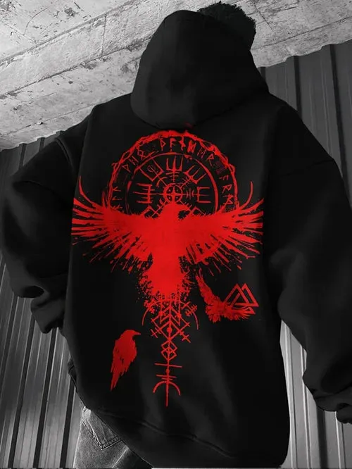 Men's Stylish Viking Crow Print Hoodie