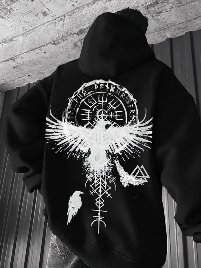 Men's Stylish Viking Crow Print Hoodie