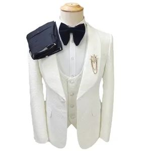 Men's White Patterned Suit with Bow Tie