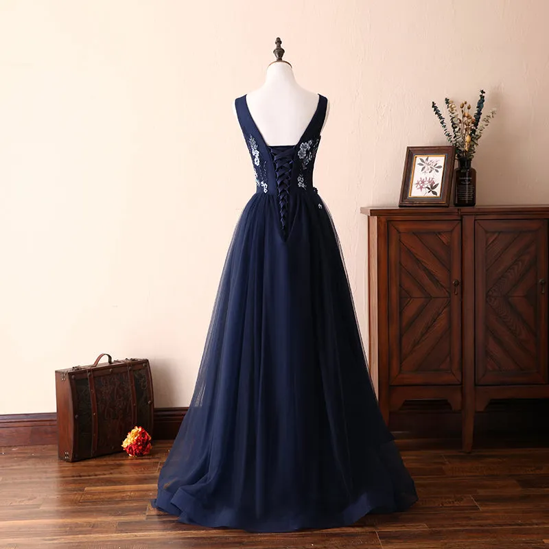Navy Blue Flower with Applique Round Neckline Wedding Party Dress, Floor Length Party Dress