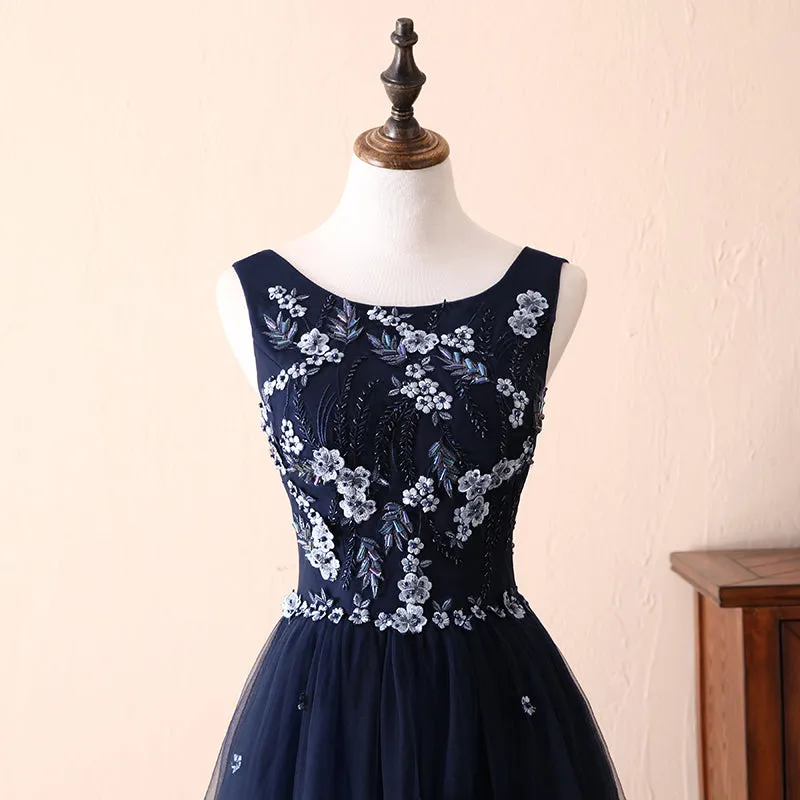 Navy Blue Flower with Applique Round Neckline Wedding Party Dress, Floor Length Party Dress