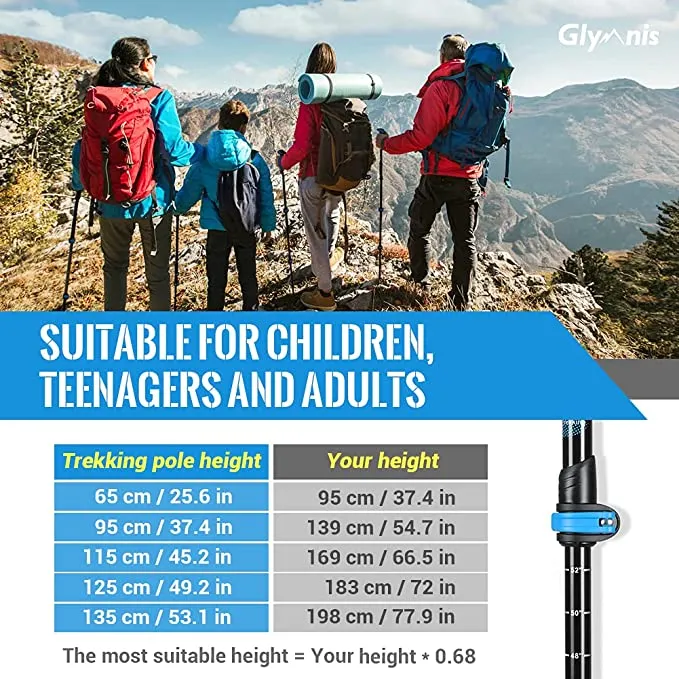 New Glymnis Trekking Poles Hiking Poles 2 Pack Collapsible Adjustable Aluminum 7075 Telescopic Lightweight Walking Pole with Cork Grip for Backpacking Camping