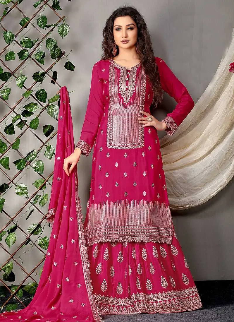 Pink and Silver Embroidered Stylish Palazzo Suit