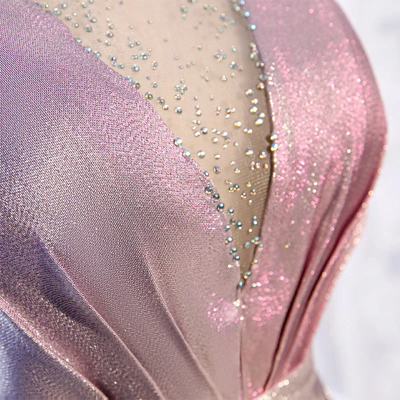 Pink Satin V-neckline Shiny A-line Party Dress Prom Dress, Pink Long Formal Dress Bridesmaid Dress