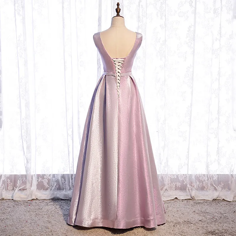 Pink Satin V-neckline Shiny A-line Party Dress Prom Dress, Pink Long Formal Dress Bridesmaid Dress