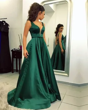 Plunge V Neck Long Sexy Prom Dresses Formal Evening Dresses Green & Blue 2 Colors