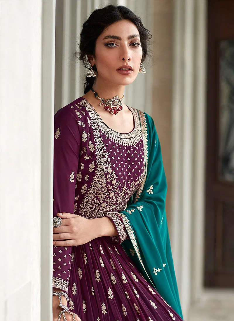Purple and Teal Heavy Embroidered Stylish Lehenga