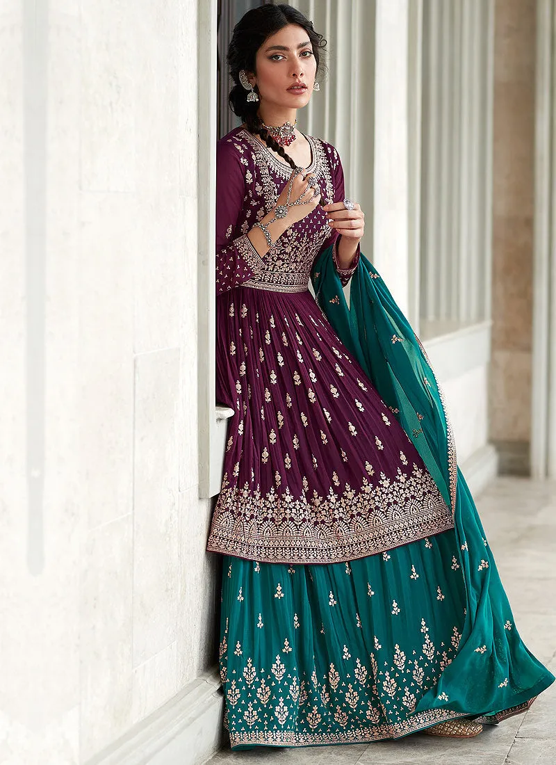 Purple and Teal Heavy Embroidered Stylish Lehenga
