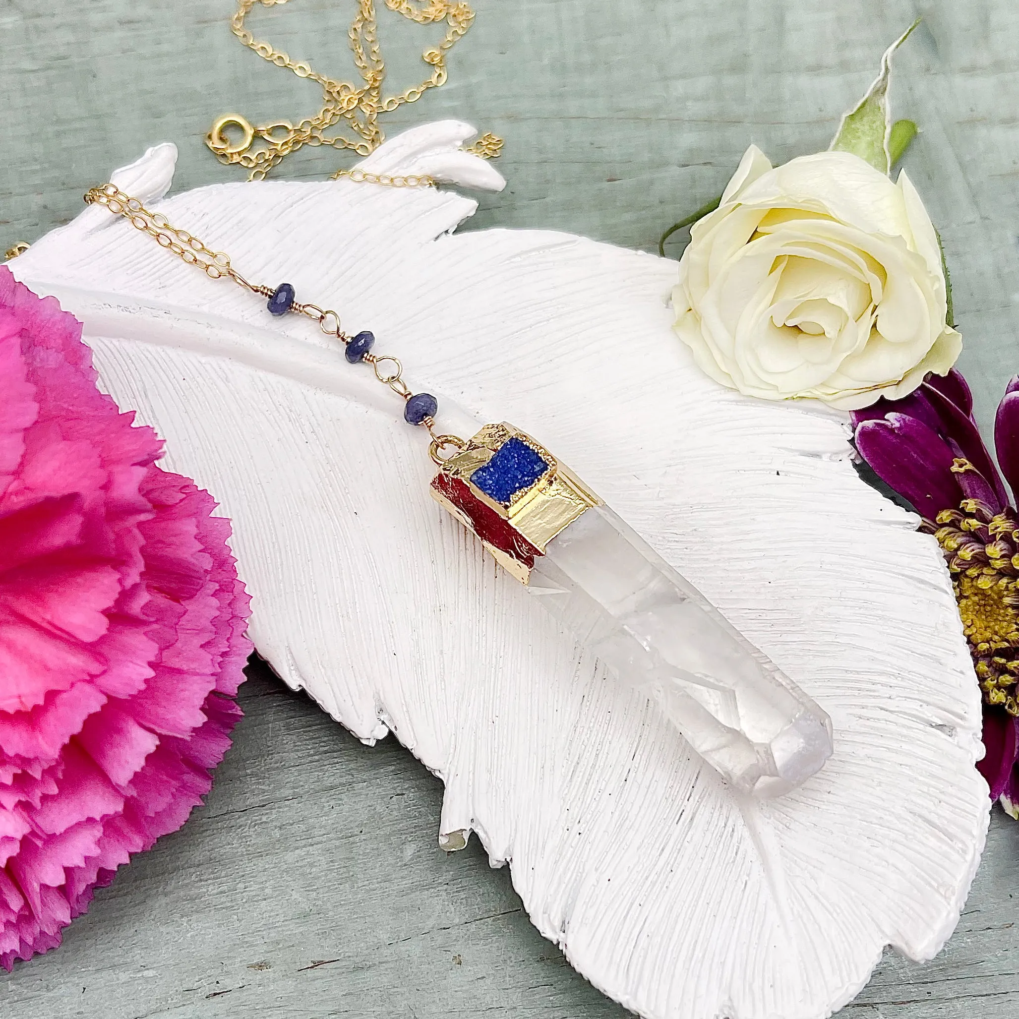 Quartz Crystal Blue Druzy Pendant Necklace