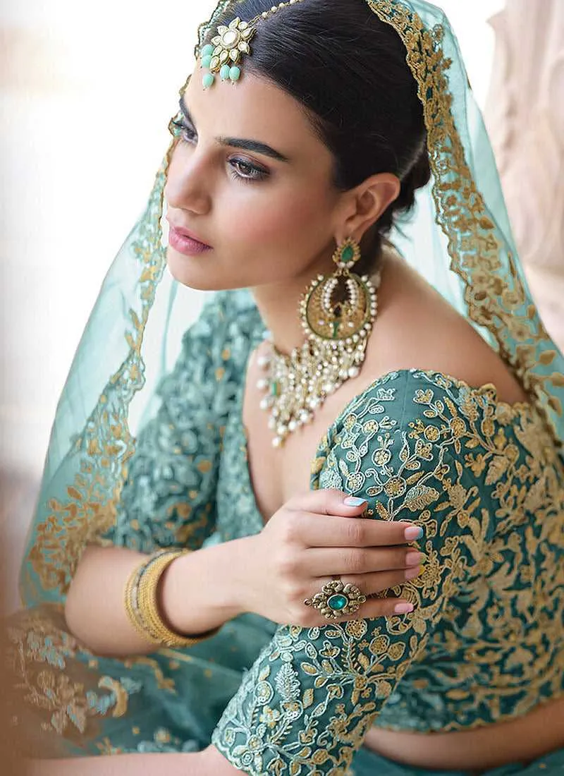 Rama Green Floral Embroidered Stylish Wedding Lehenga