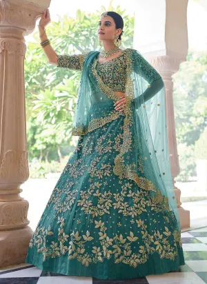 Rama Green Floral Embroidered Stylish Wedding Lehenga