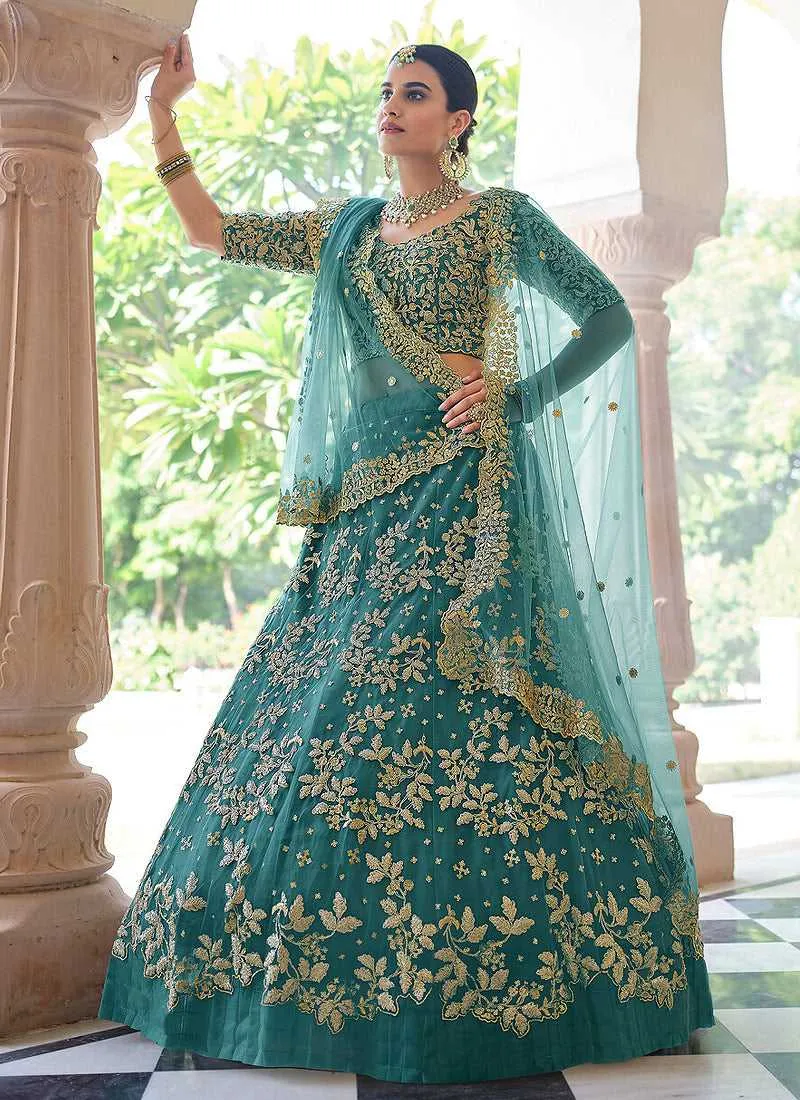 Rama Green Floral Embroidered Stylish Wedding Lehenga