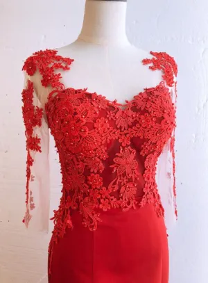 Red Satin Round Neckline Party Dress with Lace Applique, Red Formal Gown Evening Dress