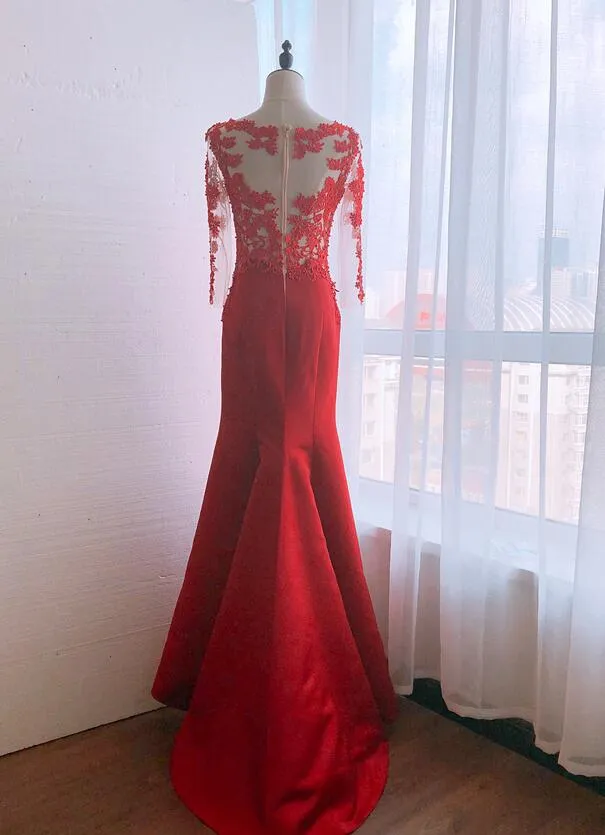 Red Satin Round Neckline Party Dress with Lace Applique, Red Formal Gown Evening Dress