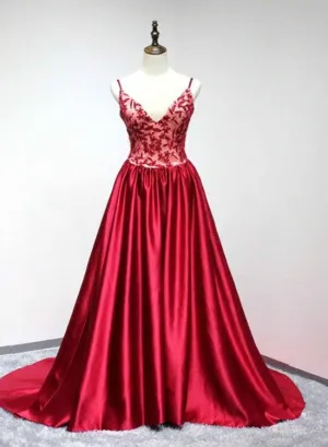 Red Satin V-neckline Straps Lace Applique Long Prom Dress , Red Formal Gowns
