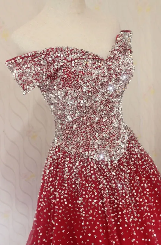 Red Tulle Beaded Off the Shoulder Long Party Gown, Red Formal Dresses