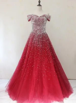 Red Tulle Beaded Off the Shoulder Long Party Gown, Red Formal Dresses