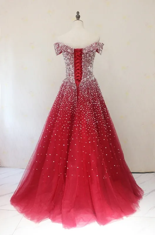 Red Tulle Beaded Off the Shoulder Long Party Gown, Red Formal Dresses