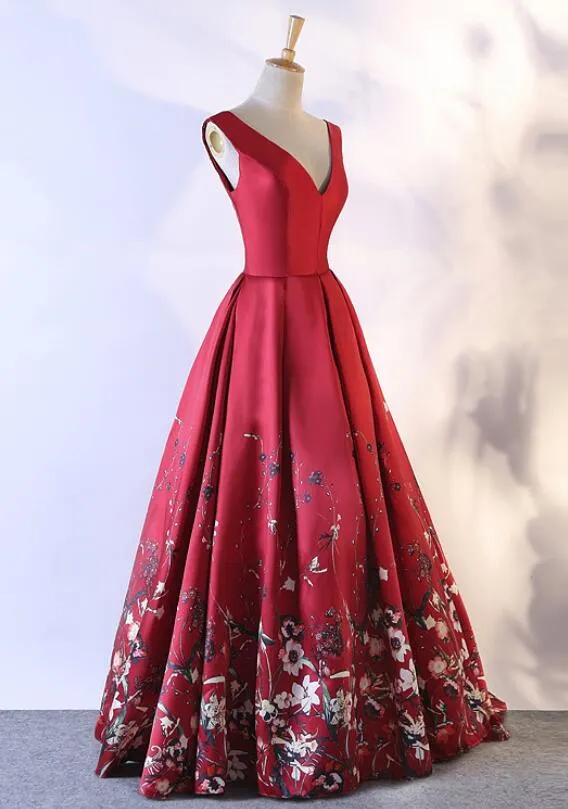 Red V-neckline Floor Length Floral Lace-up Party Dress, Red Party Dress