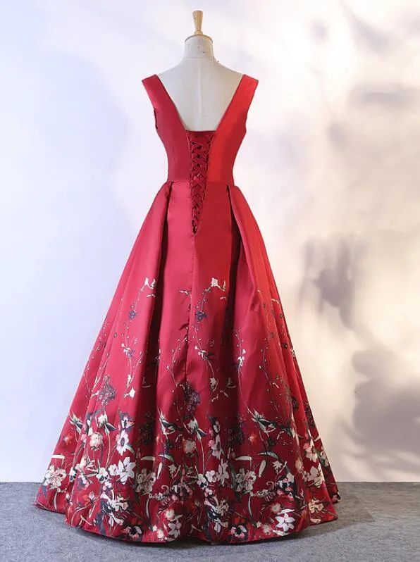 Red V-neckline Floor Length Floral Lace-up Party Dress, Red Party Dress