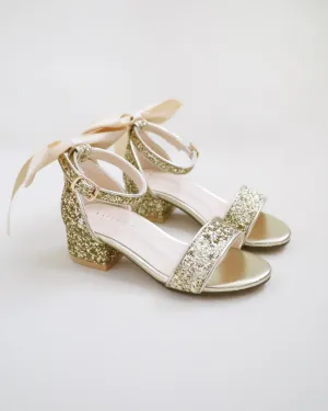 Rock Glitter Low Block Heel Girls Sandals with Back Satin Bow