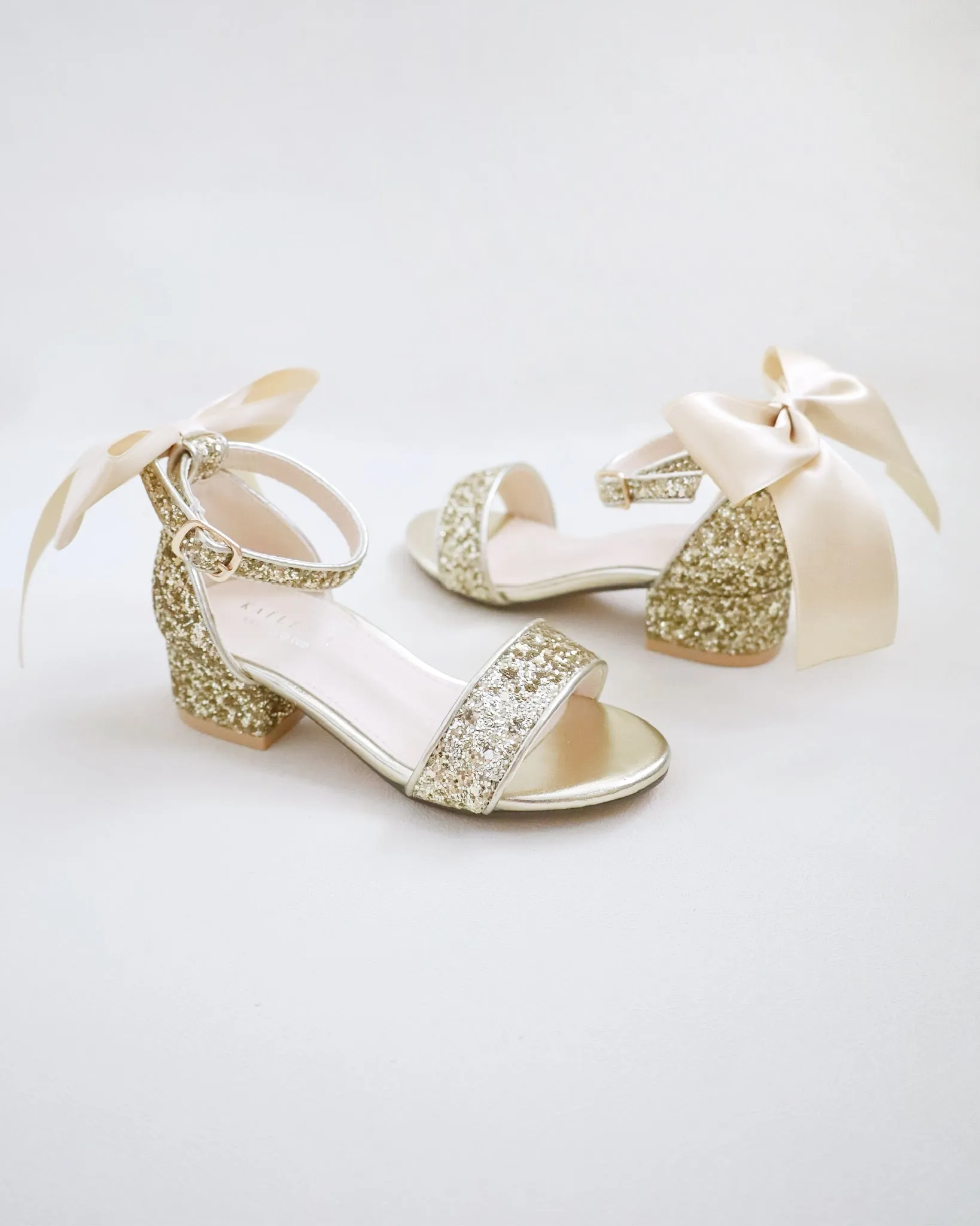 Rock Glitter Low Block Heel Girls Sandals with Back Satin Bow