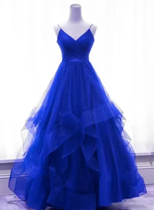 Royal Blue Shiny Tulle V-neckline Straps Long Party Dress, A-line Tulle Prom Dress Evening Dress