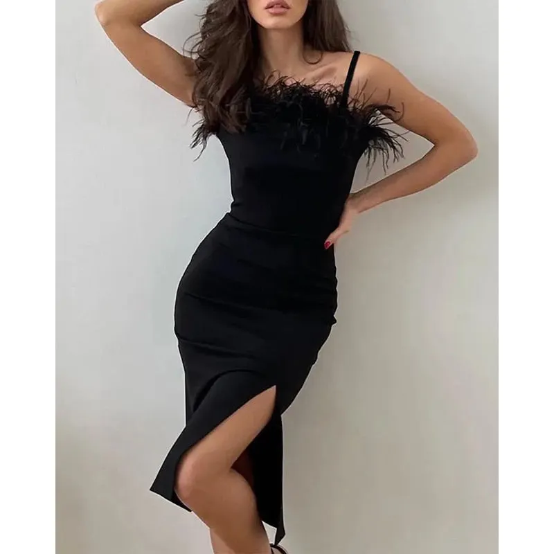 Slit dress with feathers