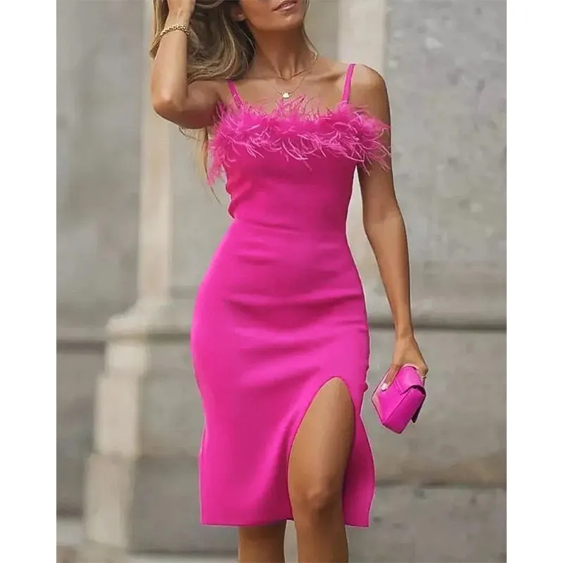 Slit dress with feathers