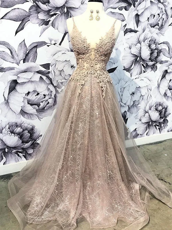 Spaghetti Straps Lace A line V Neck Long Elegant Formal Pretty Prom Dresses, PD1317