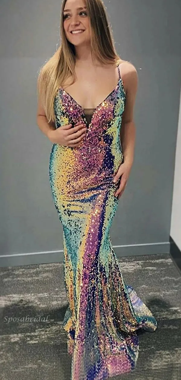 Sparkly Laser Sequin V-neck Spaghetti Straps Mermiad Long Prom Dress, PD3505