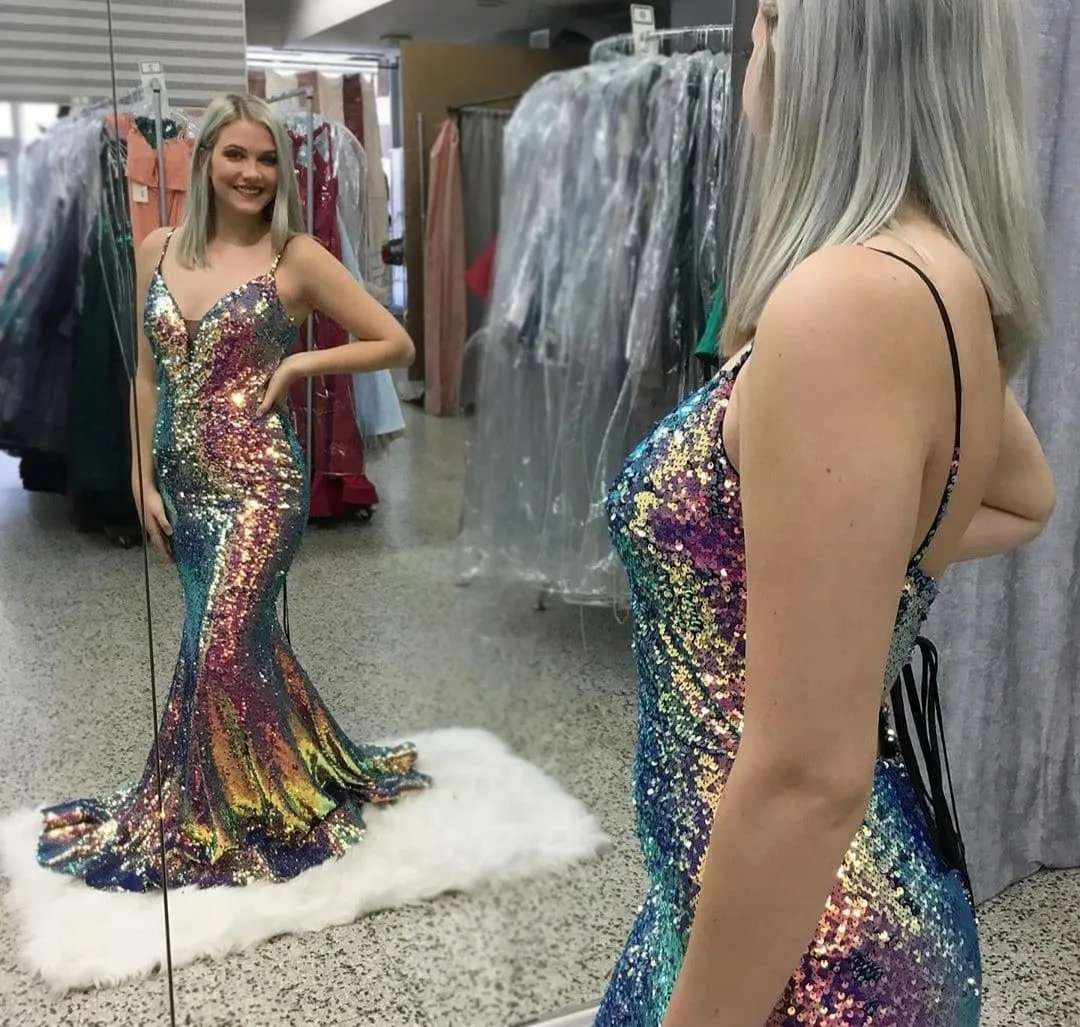 Sparkly Laser Sequin V-neck Spaghetti Straps Mermiad Long Prom Dress, PD3505