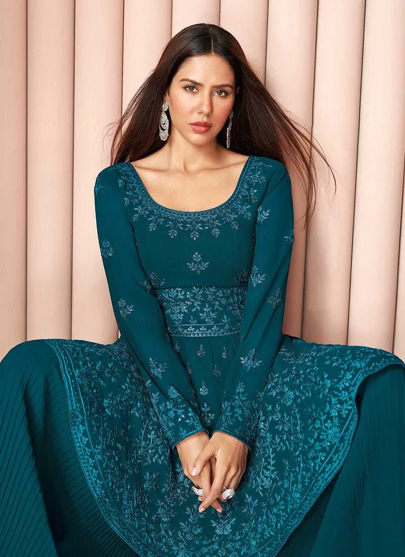Teal Heavy Embroidered Stylish Sharara Suit