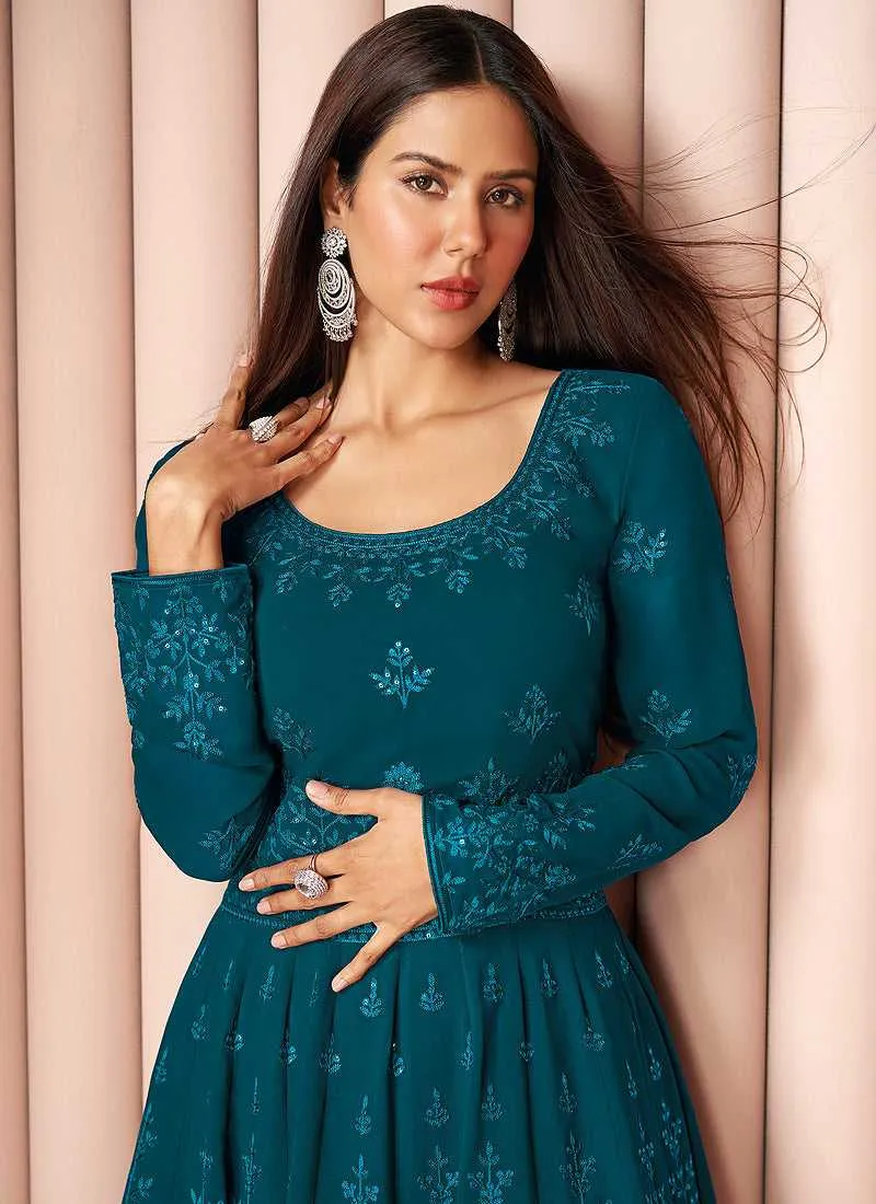 Teal Heavy Embroidered Stylish Sharara Suit