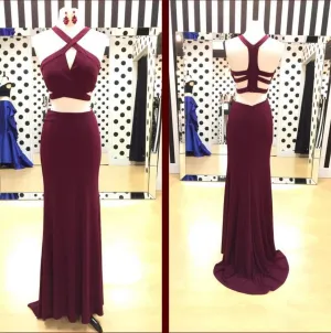 Two Piece Burgundy Halter Simple Prom Dresses Evening Formal Dresses