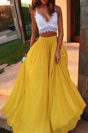Two Pieces Yellow White Long A Line Sexy Prom Dresses,Lace Formal Evening Gowns OK247